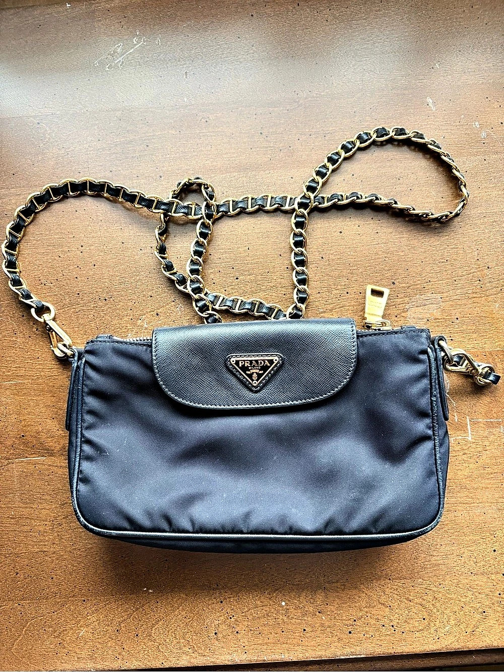 Prada Tessuto Saffiano Trim Chain Crossbody Bag Black
